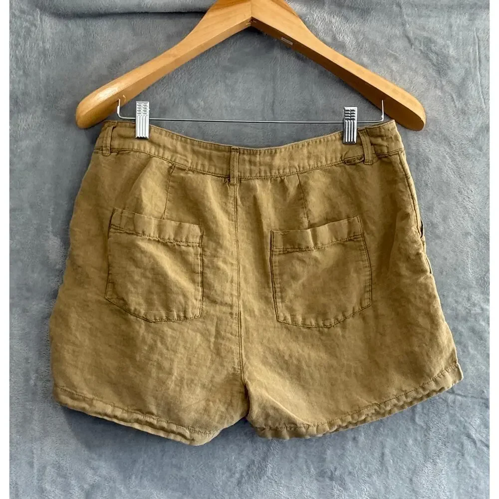 Rip Curl Summer Palm Linen Shorts High Rise Coconut Button Women's L Gold Beachy